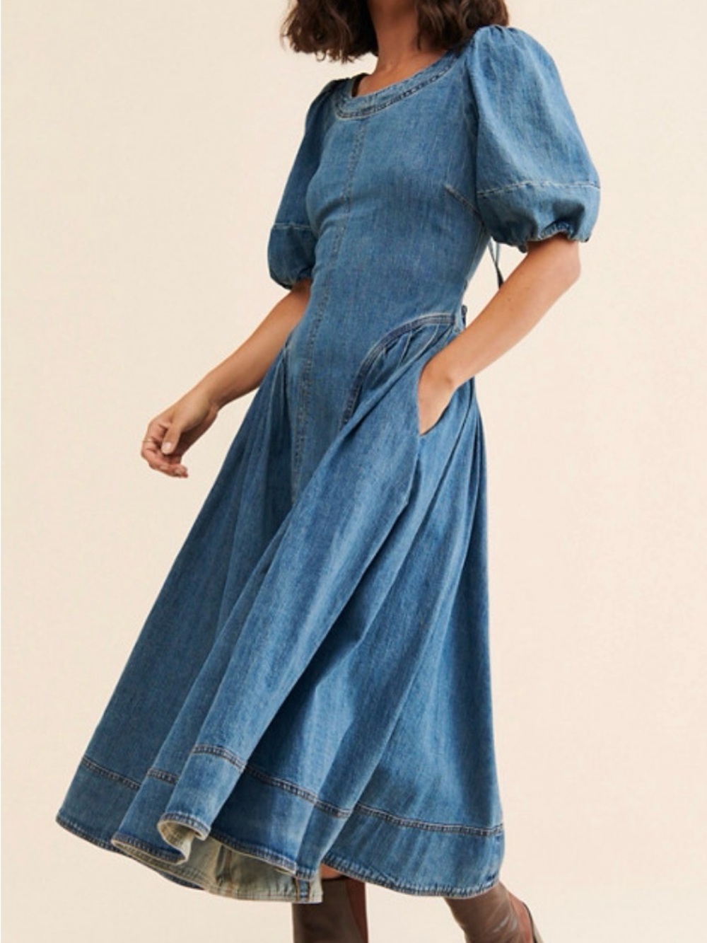 Pilcro Puff-Sleeve Seamed Denim Midi Dress